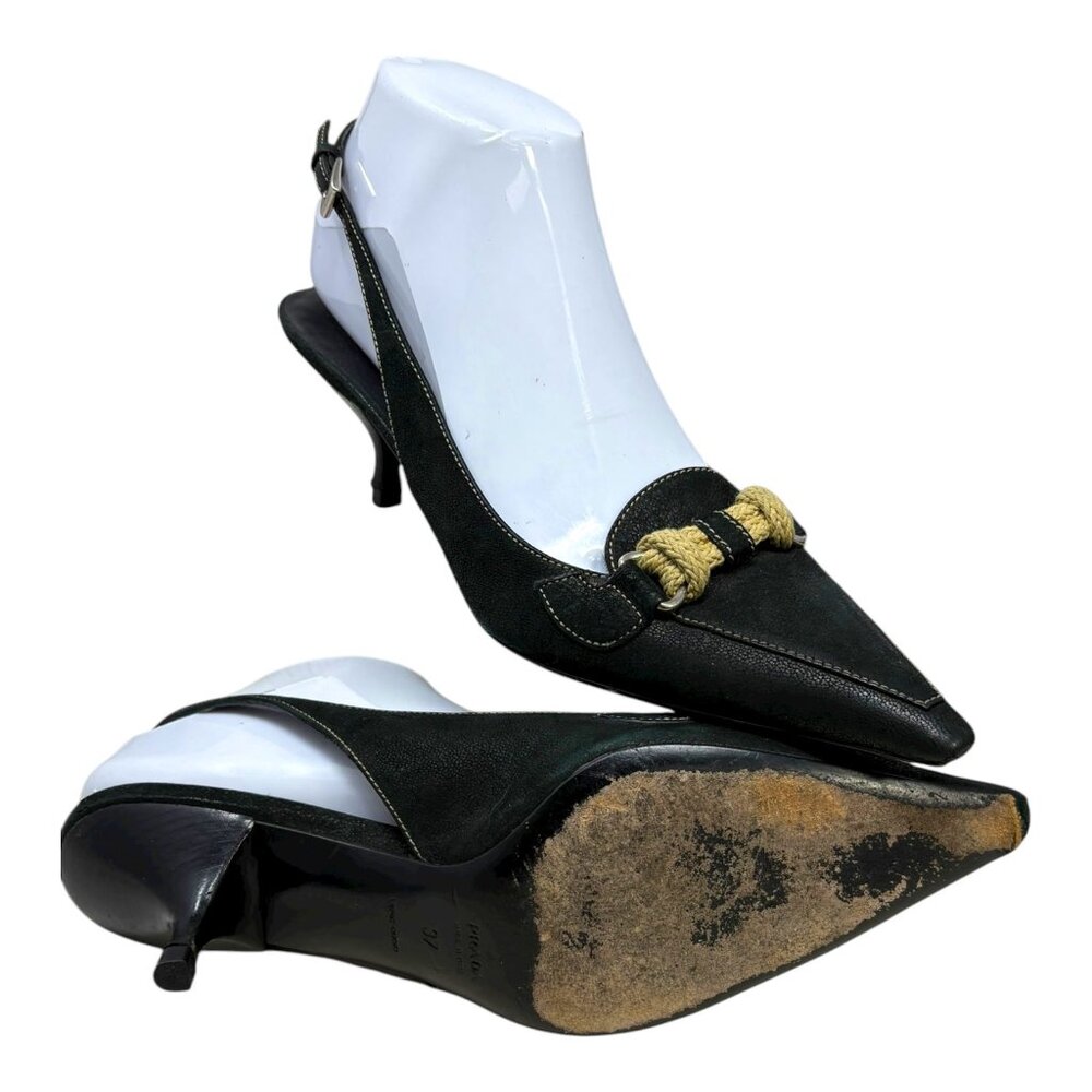 Prada Black Textured Leather Braided‎ Horse Bit Slingback Kitten Heels - Picture 8 of 11
